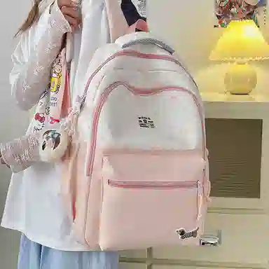 單倉 高颜值印花设计通勤百搭学院风背包初高中学生大容量轻便耐磨书包 涤纶 双肩包 常规 男女同款情侣款 粉色/红色/卡其色/黑色