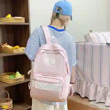 單倉 高颜值小清新印花设计通勤百搭学院风背包初高中轻便耐磨 尼龙布 双肩包 女款 白色/粉色/蓝色/绿色/黑色