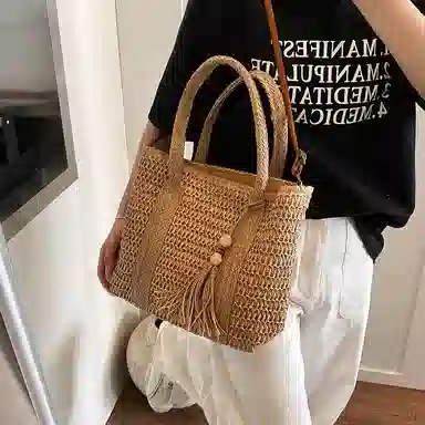 單倉 海边旅行度假编织托特包法式时尚简约百搭 草编 手提斜挎单肩包 女款 卡其色/米白色