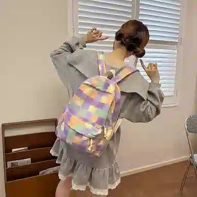 單倉 多巴胺七彩初高中学生复古格子通勤百搭大容量 尼龙 背包书包双肩包 女款 蓝绿色/紫粉色/蓝紫色/蓝白色