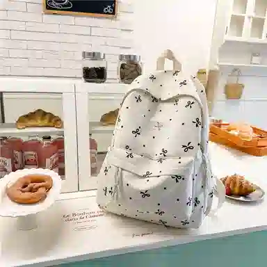 單倉 高颜值小众设计印花背包通勤百搭初高中学生大容量书包 尼龙 双肩包 常规 女款 白红花色/白黑花色/白蓝花色/紫色/黑色