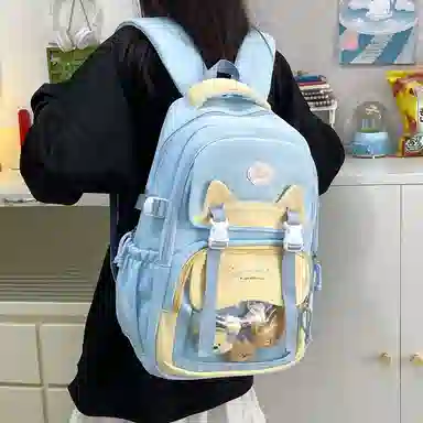 單倉 时尚潮流可爱甜美高级舒适轻便耐磨学院风背包初高中学生大容量通勤百搭书包 斜纹布 双肩包 常规 女款 粉色/紫色/蓝色/绿色/黑色