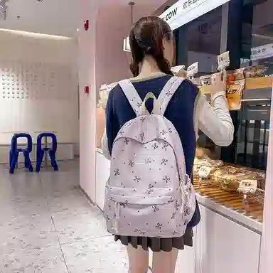 單倉 高颜值小众设计印花背包通勤百搭初高中学生大容量书包 尼龙 双肩包 常规 女款 白红花色/白黑花色/白蓝花色/紫色/黑色