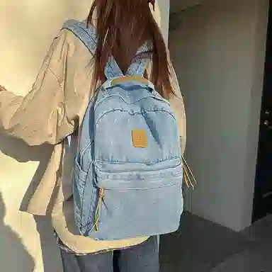 單倉 复古简约个性初高中学生大容量轻便百搭书包 牛仔布 背包双肩包 常规 男女同款情侣款 黑色/浅蓝色/深蓝色