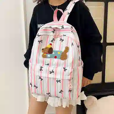 單倉 可爱条纹蝴蝶结腊肠狗小清新设计学院风背包初高中学生大容量轻便耐磨书包 尼龙 双肩包 常规 女款 粉色/蓝色/黑色