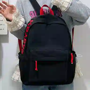 單倉 日韩系小众字母设计通勤百搭背包初高中学生大容量轻便耐磨书包 尼龙 双肩包 常规 男女同款情侣款 粉色/蓝色/绿色/卡其色/黑色