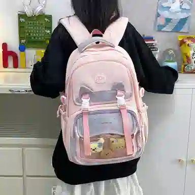 單倉 时尚潮流可爱甜美高级舒适轻便耐磨学院风背包初高中学生大容量通勤百搭书包 斜纹布 双肩包 常规 女款 粉色/紫色/蓝色/绿色/黑色