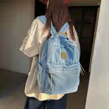 單倉 复古简约个性初高中学生大容量轻便百搭书包 牛仔布 背包双肩包 常规 男女同款情侣款 黑色/浅蓝色/深蓝色