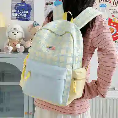 單倉 可爱格子小清新学院风通勤百搭 尼龙 双肩包 常规 女款 粉拼绿色/黄拼蓝色