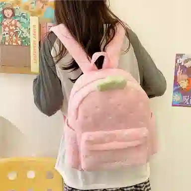 單倉 可爱毛绒草莓卡通玩偶时尚设计通勤百搭背包甜美舒适初高中学生大容量轻便耐磨书包 毛料 双肩包 常规 女款 粉色