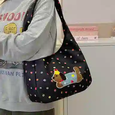 單倉 韩系波点腊肠狗可爱设计斜挎包通勤百搭手提包 涤纶 单肩包 常规 女款 白色/米白色/黑色