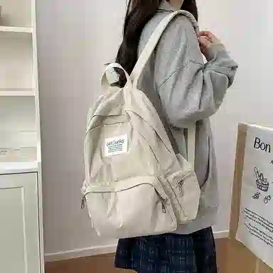 單倉 森系高颜值休闲百搭初高中学生大容量轻便书包 尼龙 背包双肩包 男女同款情侣款 白色/粉色/蓝色/黑色