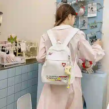 單倉 日韩系格子卡通印花设计通勤 牛津布 双肩包 常规 男女同款情侣款 白色/黄色/黑色
