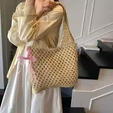 單倉 慵懒风编制包海边度假沙滩休闲百搭 草编 单肩包 常规 女款 米白色/卡其色