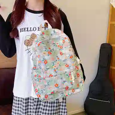 單倉 复古小碎花书包可爱洋气慵懒风背包大学生休闲百搭 尼龙 双肩包 男女同款情侣款 米白色/绿色
