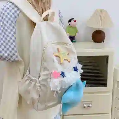 單倉 可爱卡通高颜值蕾丝设计通勤百搭学院风背包初高中学生大容量轻便耐磨书包 尼龙布 双肩包 常规 女款 白色/黄色