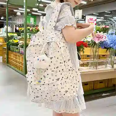 單倉 高颜值时尚星星卡通印花设计学院风通勤百搭背包初高中学生大容量轻便耐磨书包 尼龙 双肩包 常规 女款 白色/粉色/蓝色/黑色