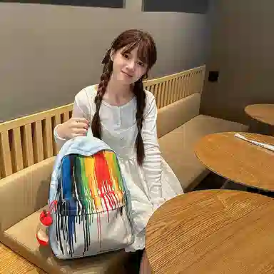 單倉 扎染个性涂鸦小众抽象设计学生通勤百搭背包潮流初高中学生大容量轻便耐磨书包 尼龙 双肩包 常规 女款 黄色/蓝色/绿色/黑色