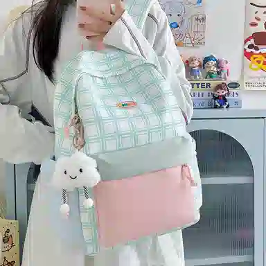 單倉 可爱格子小清新学院风通勤百搭 尼龙 双肩包 常规 女款 粉拼绿色/黄拼蓝色