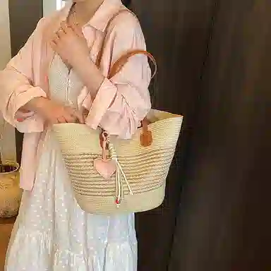 單倉 海边度假沙滩包时尚百搭草编腋下 编织 托特包手提单肩包 女款 卡其色/米白色/粉色/绿色