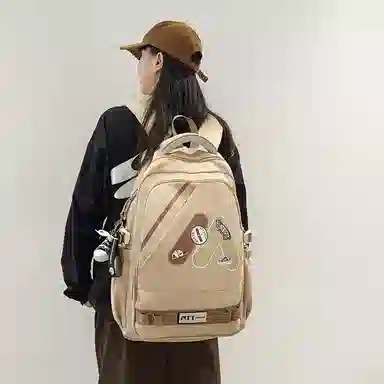 單倉 高颜值美式高街学院风初高中学生时尚潮流 尼龙 书包背包双肩包 常规 男女同款情侣款 多色