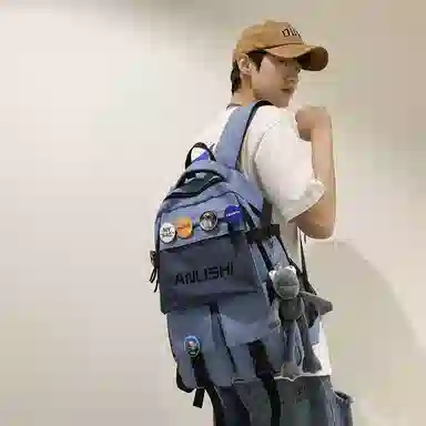 單倉 港风潮流初高中学生大容量轻便书包 尼龙 背包双肩包 男女同款情侣款 黑色/白色/蓝色/灰色