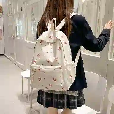 單倉 高颜值小众设计印花背包通勤百搭初高中学生大容量书包 尼龙 双肩包 常规 女款 白红花色/白黑花色/白蓝花色/紫色/黑色
