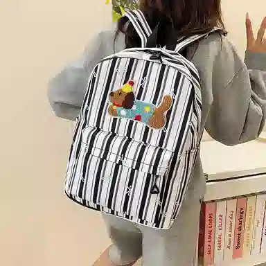 單倉 可爱条纹蝴蝶结腊肠狗小清新设计学院风背包初高中学生大容量轻便耐磨书包 尼龙 双肩包 常规 女款 粉色/蓝色/黑色