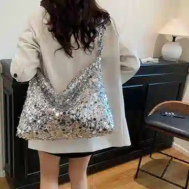 單倉 高级感优雅韩系小众设计时尚珠片腋下斜挎包闪闪亮亮通勤百搭逛街出行手提包 亮片 单肩包 常规 女款 黑色/银色