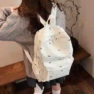 單倉 温柔日系可爱腊肠狗书包初高中学生碎花轻便百搭 尼龙 背包双肩包 女款 米白色