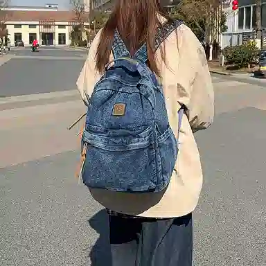 單倉 复古简约个性初高中学生大容量轻便百搭书包 牛仔布 背包双肩包 常规 男女同款情侣款 黑色/浅蓝色/深蓝色