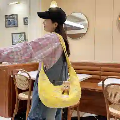 單倉 韩版高颜值初高中学生大容量斜挎包时尚设计百搭手提包帆布包 帆布 手拎单肩包 女款 白色/粉色/黄色/黑色