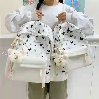 單倉 高颜值蝴蝶印花时尚设计通勤百搭学院风背包初高中学生大容量轻便耐磨书包 牛津布 双肩包 常规 女款 白色/黄色/绿色/蓝色/粉色