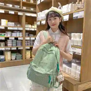 單倉 小清新高颜值格子双肩包初高中学生百搭通勤学院风 织物 书包背包 女款 浅绿格/墨绿格/浅粉格/浅黄格/黑格