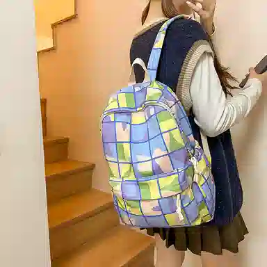單倉 多巴胺七彩初高中学生复古格子通勤百搭大容量 尼龙 背包书包双肩包 女款 蓝绿色/紫粉色/蓝紫色/蓝白色