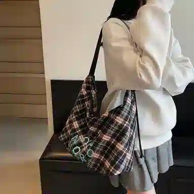 單倉 复古休闲慵懒风格子时尚设计轻便耐磨腋下斜挎包学院风初高中学生通勤百搭 布 单肩包 常规 女款 绿色/蓝色/黑色