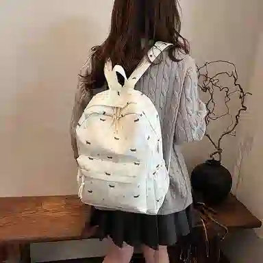 單倉 温柔日系可爱腊肠狗书包初高中学生碎花轻便百搭 尼龙 背包双肩包 女款 米白色