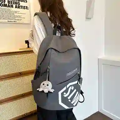 單倉 时尚美式潮流休闲百搭字母大容量高颜值学生 尼龙 书包背包双肩包 男女同款情侣款 灰色/黑色/卡其色/酒红色/蓝色