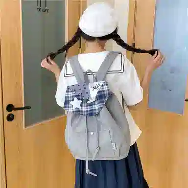 單倉 高颜值星星格子学院风设计日常通勤百搭背包初高中学生大容量休闲简约书包 帆布 双肩包 常规 男女同款情侣款 灰色/黑色