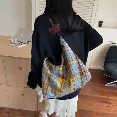 單倉 复古休闲慵懒风格子时尚设计轻便耐磨腋下斜挎包学院风初高中学生通勤百搭 布 单肩包 常规 女款 绿色/蓝色/黑色