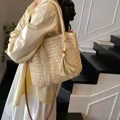 單倉 海边旅行度假编织托特包法式时尚简约百搭 草编 手提斜挎单肩包 女款 卡其色/米白色