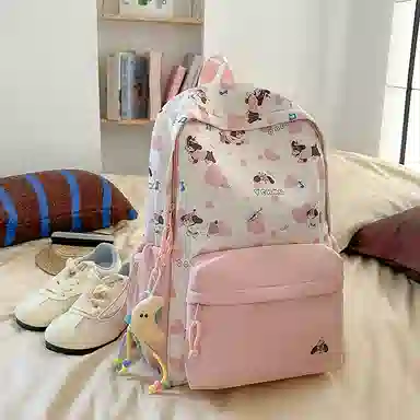 單倉 高颜值印花设计学院风轻便耐磨书包初高中学生大容量通勤百搭背包 尼龙 双肩包 常规 男女同款情侣款 黑色/粉色/蓝色/绿色/黄色
