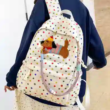 單倉 可爱腊肠狗波点初高中学生书包百搭背包 尼龙 双肩包 常规 女款 多色