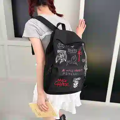 單倉 日系潮酷通勤百搭学院风设计背包初高中学生大容量轻便耐磨 帆布 双肩包 男女同款情侣款 红色/黑色