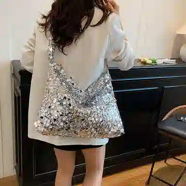 單倉 高级感优雅韩系小众设计时尚珠片腋下斜挎包闪闪亮亮通勤百搭逛街出行手提包 亮片 单肩包 常规 女款 黑色/银色