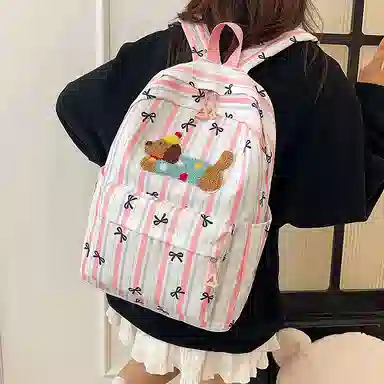 單倉 可爱条纹蝴蝶结腊肠狗小清新设计学院风背包初高中学生大容量轻便耐磨书包 尼龙 双肩包 常规 女款 粉色/蓝色/黑色