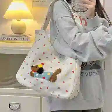 單倉 韩系波点腊肠狗可爱设计斜挎包通勤百搭手提包 涤纶 单肩包 常规 女款 白色/米白色/黑色