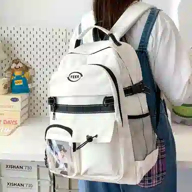 單倉 工装风小众设计感初高中学生百搭大容量轻便书包 复合布 背包双肩包 男女同款情侣款 白色/黑色