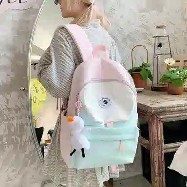 單倉 马卡龙轻便简约撞色日系初高中学生书包小众设计休闲旅行大容量背包 尼龙布 双肩包 男女同款情侣款 粉红色/黄色/蓝色/绿色