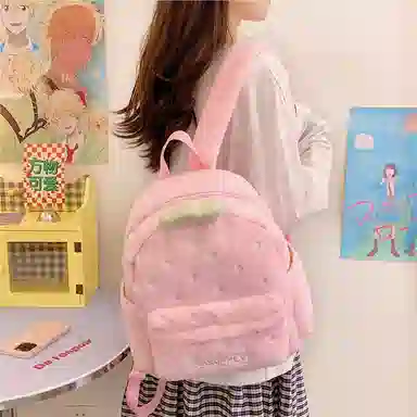 單倉 可爱毛绒草莓卡通玩偶时尚设计通勤百搭背包甜美舒适初高中学生大容量轻便耐磨书包 毛料 双肩包 常规 女款 粉色